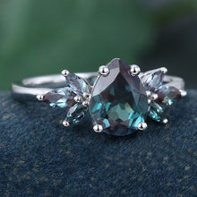 White Gold Pear Shaped Lab Alexandrite Cluster Promise Engagement Ring
