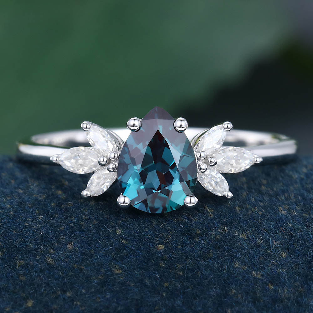 White Gold Pear Shaped Lab Alexandrite Cluster Delicate Promise Engagement Ring