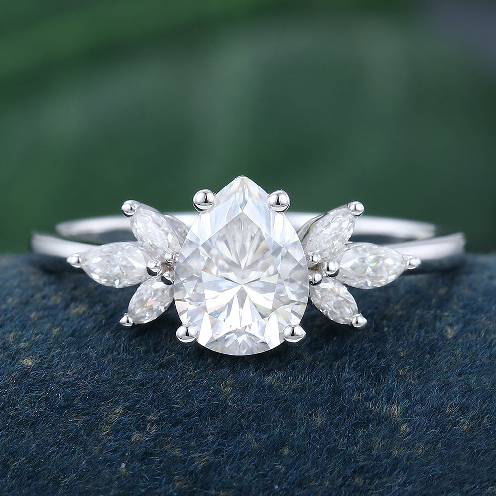 White Gold Pear Shaped Moissanite Delicate Culster Promise Engagement Ring