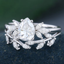 White Gold Pear Shaped Moissanite Leaf Shaped Bridal Ring Set