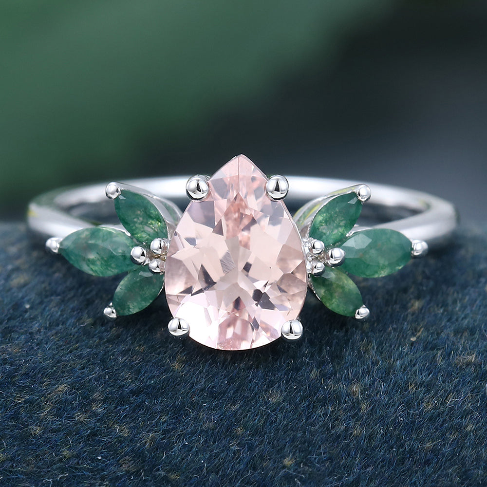 White Gold Pear Shaped Morganite Cluster Promise Engagement Ring