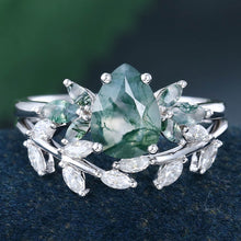White Gold Pear Shaped Moss Agate Leaf Shaped Bridal Ring Set