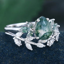 White Gold Pear Shaped Moss Agate Leaf Shaped Bridal Ring Set