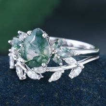 White Gold Pear Shaped Moss Agate Leaf Shaped Bridal Ring Set