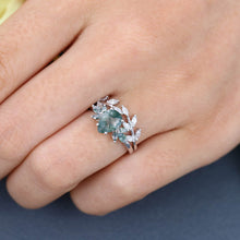 White Gold Pear Shaped Moss Agate Leaf Shaped Bridal Ring Set