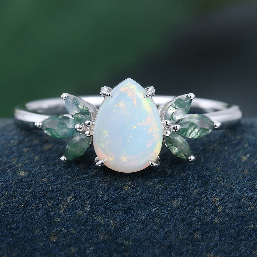White Gold Pear Shaped Opal Cluster Promise Engagement Ring