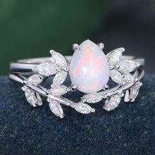 White Gold Pear Shaped Opal Leaf Shaped Bridal Ring Set