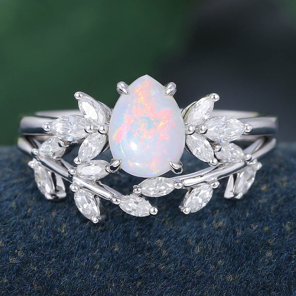 White Gold Pear Shaped Opal Leaf Shaped Bridal Ring Set