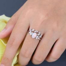 White Gold Pear Shaped Opal Leaf Shaped Bridal Ring Set