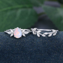 White Gold Pear Shaped Opal Leaf Shaped Bridal Ring Set