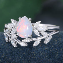 White Gold Pear Shaped Opal Leaf Shaped Bridal Ring Set