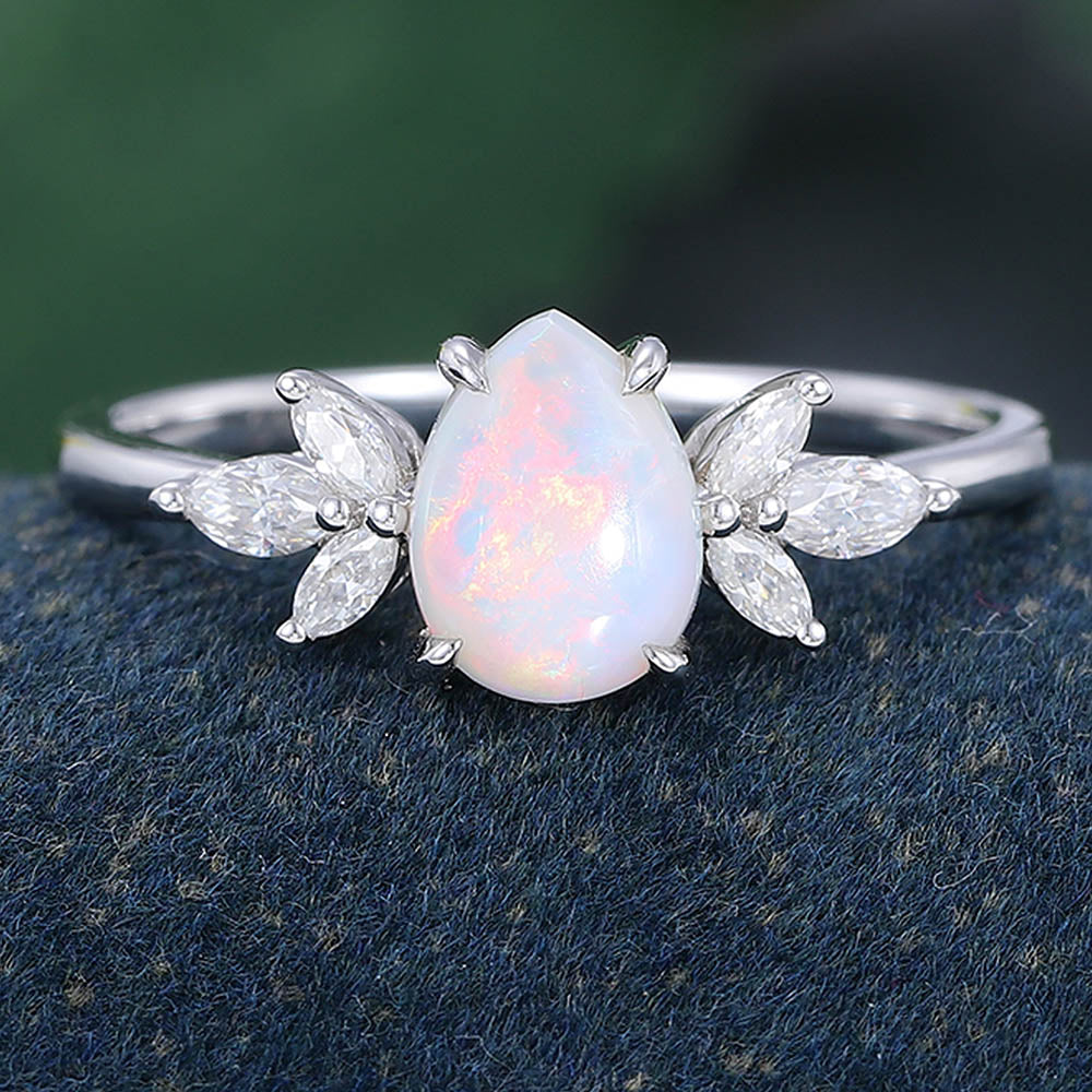 White Gold Pear Shaped Cluster Opal Promise Engagement Ring