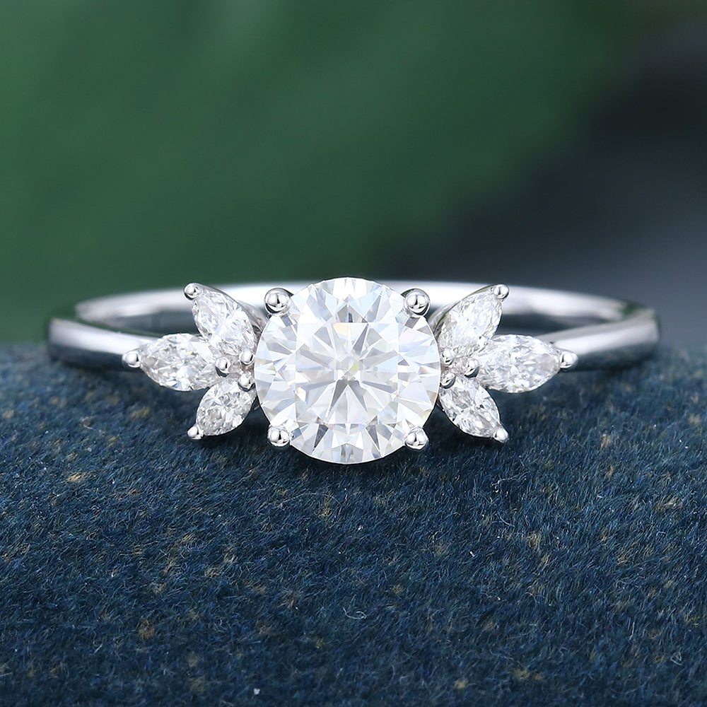 White Gold Round Cut Moissanite Promise Cluster Engagement Ring