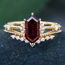 Yellow Gold Long Hexagon Cut Garnet Vintage Engagement Ring Set