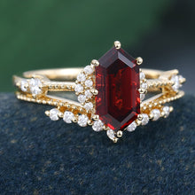 Yellow Gold Long Hexagon Cut Garnet Vintage Engagement Ring Set
