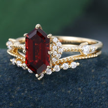 Yellow Gold Long Hexagon Cut Garnet Vintage Engagement Ring Set