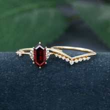 Yellow Gold Long Hexagon Cut Garnet Vintage Engagement Ring Set
