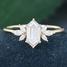 Yellow Gold Long Hexagon Cut Moissanite Cluster Promise Engagement Ring