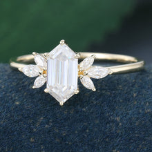 Yellow Gold Long Hexagon Cut Moissanite Cluster Promise Engagement Ring