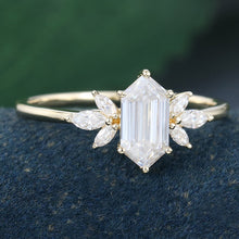 Yellow Gold Long Hexagon Cut Moissanite Cluster Promise Engagement Ring