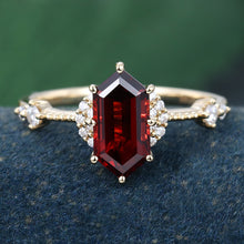 Yellow Gold Long Hexagon Cut Garnet Cluster Vintage Promise Engagement Ring