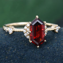 Yellow Gold Long Hexagon Cut Garnet Cluster Vintage Promise Engagement Ring