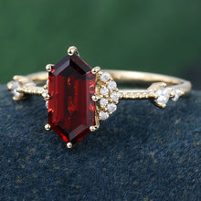 Yellow Gold Long Hexagon Cut Garnet Cluster Vintage Promise Engagement Ring