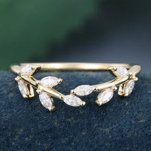 Yellow Gold Marquise Cut Moissanite Delicate Leaf Shape Curved Wedding Band
