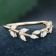 Yellow Gold Marquise Cut Moissanite Delicate Leaf Shape Curved Wedding Band