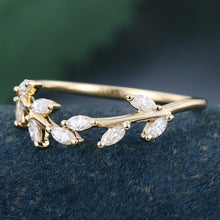 Yellow Gold Marquise Cut Moissanite Delicate Leaf Shape Curved Wedding Band