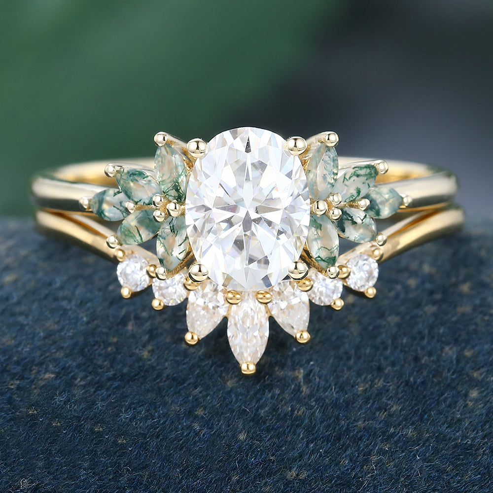 Yellow Gold Oval Cut Moissanite Delicate Bridal Ring Set