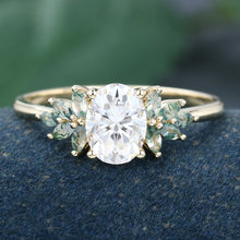 Rose Gold Oval Cut Moissanite with Moss Agate Cluster Delicate Engagement Ring