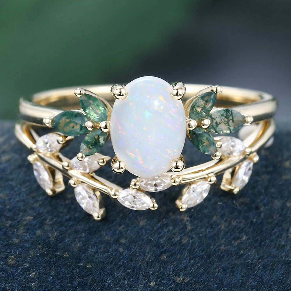 Yellow Gold Oval Cut Opal Nature Inspired Bridal Ring Set