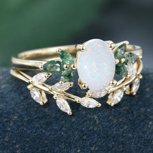 Yellow Gold Oval Cut Opal Nature Inspired Bridal Ring Set