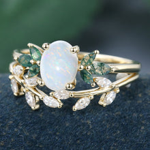 Yellow Gold Oval Cut Opal Nature Inspired Bridal Ring Set