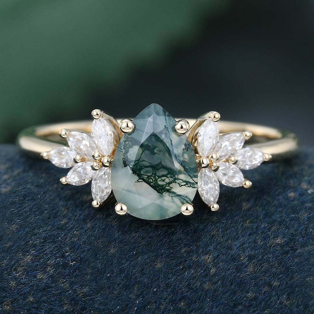 Yellow Gold Pear Shape Moss Agate Cluster Art Deco Engagement Ring