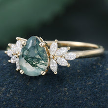 Yellow Gold Pear Shape Moss Agate Cluster Art Deco Engagement Ring