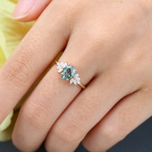 Yellow Gold Pear Shape Moss Agate Cluster Art Deco Engagement Ring