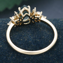 Yellow Gold Pear Shape Moss Agate Cluster Art Deco Engagement Ring