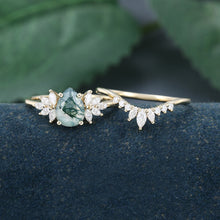 Yellow Gold Pear Shape Moss Agate Elegent Bridal Ring Set