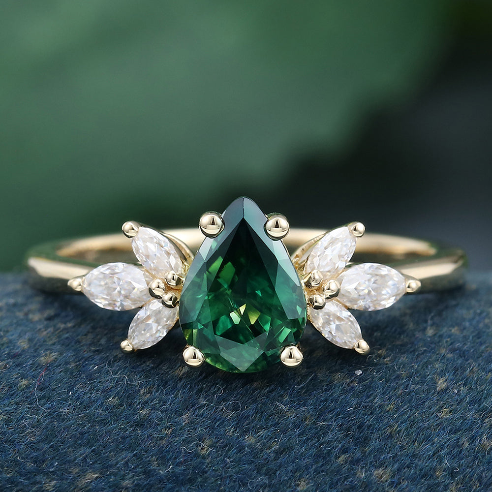 Yellow Gold Pear Shaped Green Blue Sapphire Cluster Engagement Ring