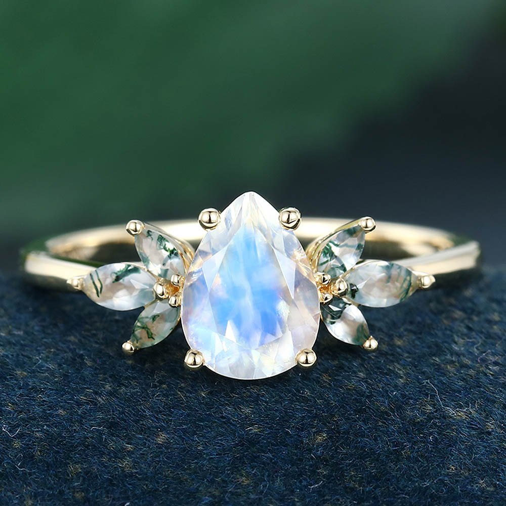 Yellow Gold Pear Shaped Moonstone Cluster Promise Engagement Ring