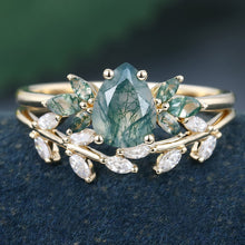 White Gold Pear Shaped Moss Agate Leaf Shaped Bridal Ring Set