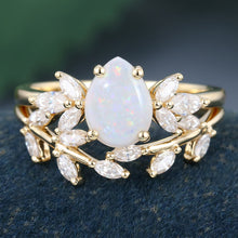 White Gold Pear Shaped Opal Leaf Shaped Bridal Ring Set