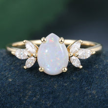White Gold Pear Shaped Cluster Opal Promise Engagement Ring